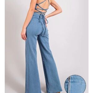 Denim Vintage look Pretty Little Thing cross tie Back Jumpsuit flare pockets 12